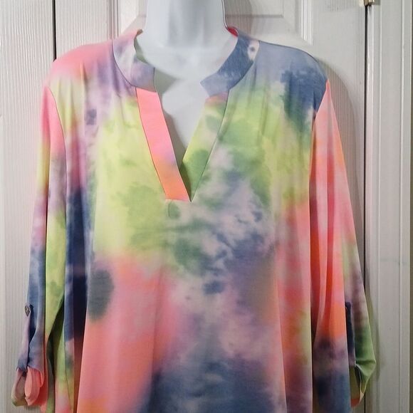 HoneyMe tie dye tunic multicolor blouse spring summer fun blouse Sz XL NWT - Picture 3 of 9